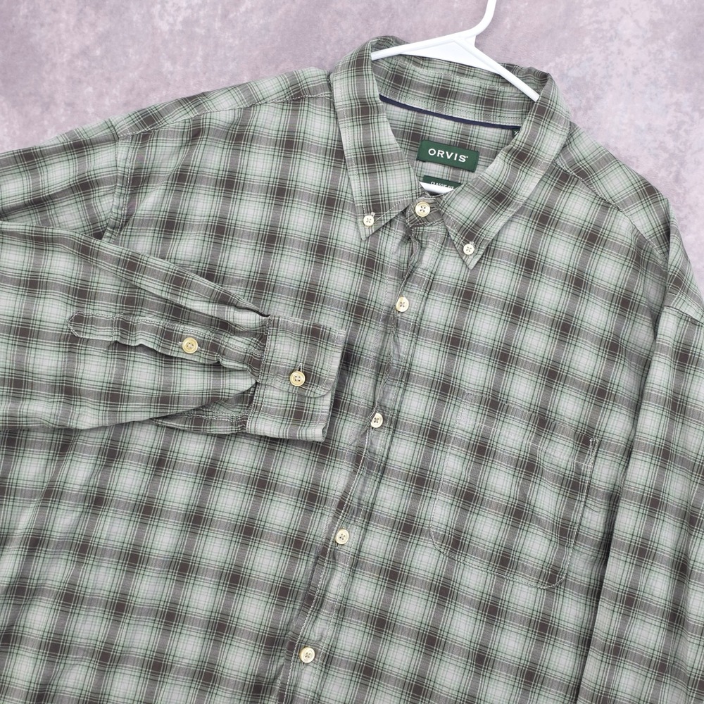 Orvis Mens‎ XXL Classic Fit Plaid Button Down Shirt Green Brown Long Sleeve